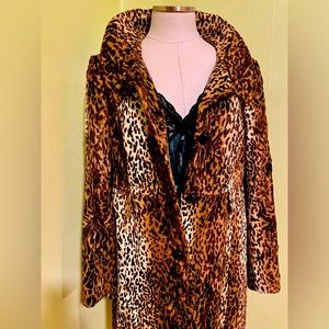 Cheetah-print knee-length coat/ jacket, brown satin lined; Made in England NWOT